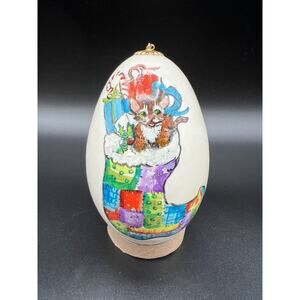 Hand Painted 4” Christmas Egg Ornament Cat w Presents in Stocking Signed